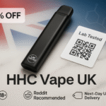 HHC Vape UK category banner featuring a premium black vape pen, lab-tested badge, QR code, UK flag colors, and compliance icons.