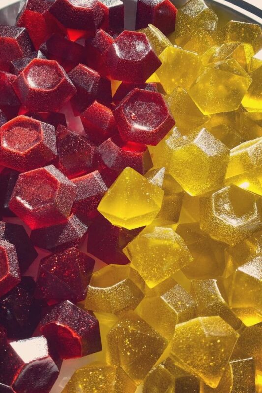 Image depicting various colorful gummy candies, illustrating a conceptual "THC Gummies UK" product.