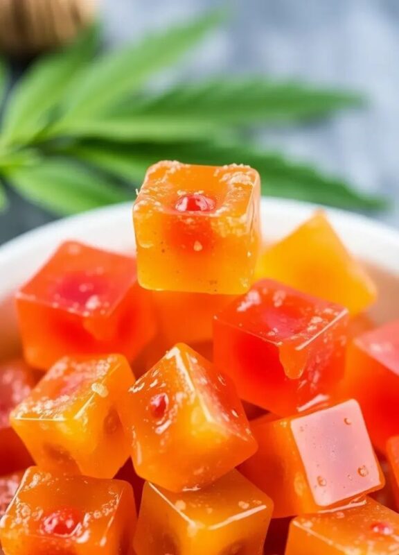 Image depicting various colorful gummy candies, illustrating a conceptual "THC Gummies UK" product.