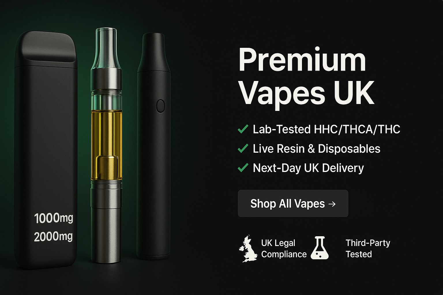 Promotional banner showing three premium vape products with text highlighting lab-tested THC/HHC, live resin, and UK next-day delivery. (Vapes UK)