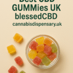 Promotional image of colorful sugar‑coated CBD gummies in a glass bowl with the text “Best CBD Gummies UK BlessedCBD” and website “cannabisdispensary.uk”