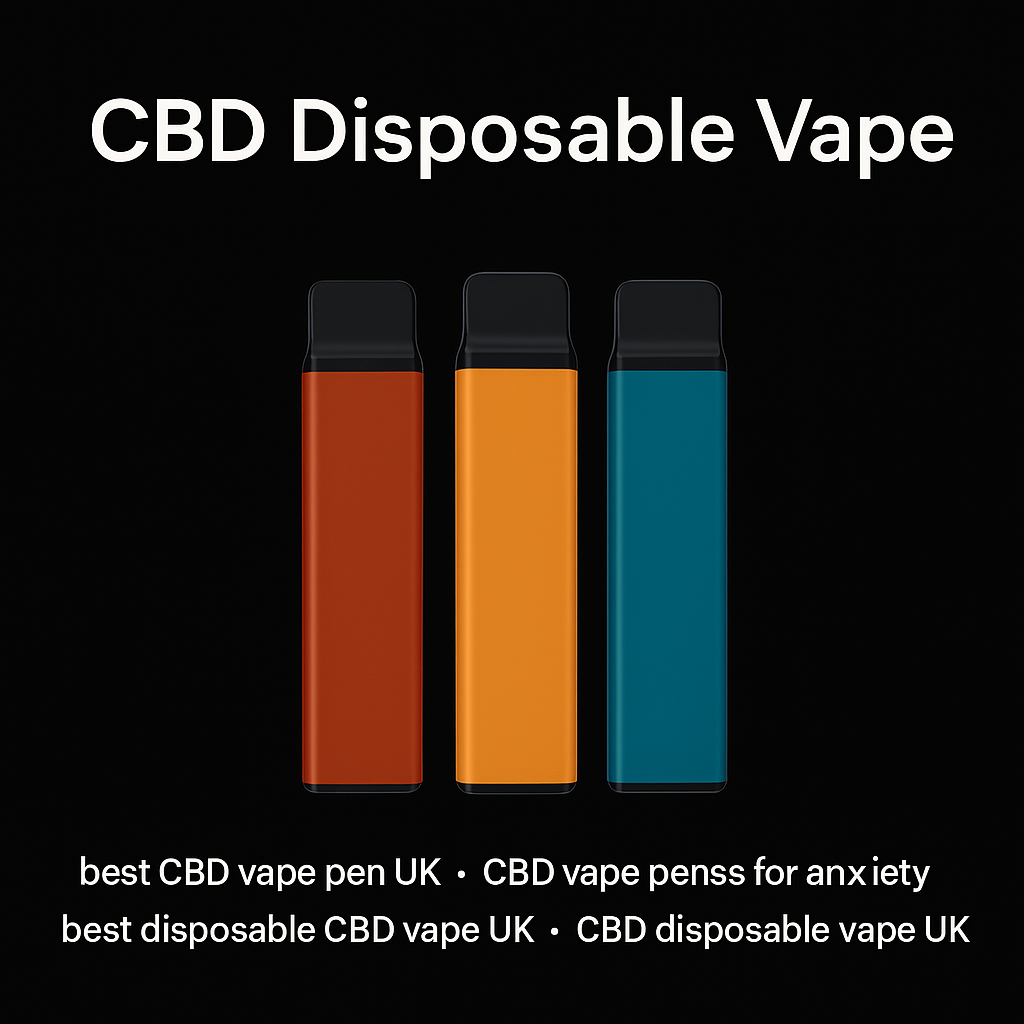 Three CBD disposable vape pens in orange, yellow, and teal on a black background with keywords “best CBD vape pen UK, CBD vape pens for anxiety, best disposable CBD vape UK, CBD disposable vape UK 1000mg” at the bottom