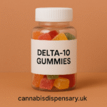 Bottle of Delta-10 Gummies with cannabisdispensary.uk branding on a peach background