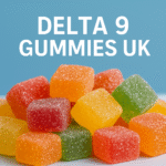 Colorful Delta 9 Gummies UK stacked on a light blue background with text overlay