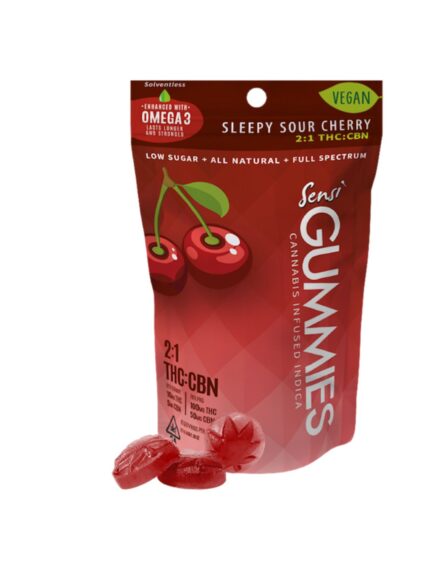 Sensi Chew Sleepy Sour Cherry Vegan 2:1 Gummies (100mg THC – 50mg CBN)