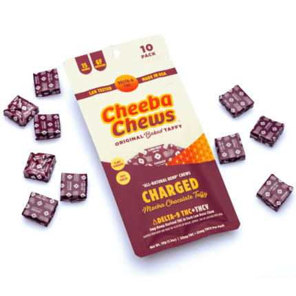 Cheeba Chews Delta 9 and THCv Mocha Chocolate Taffy – Charged (50 mg Total Cannabinoids)