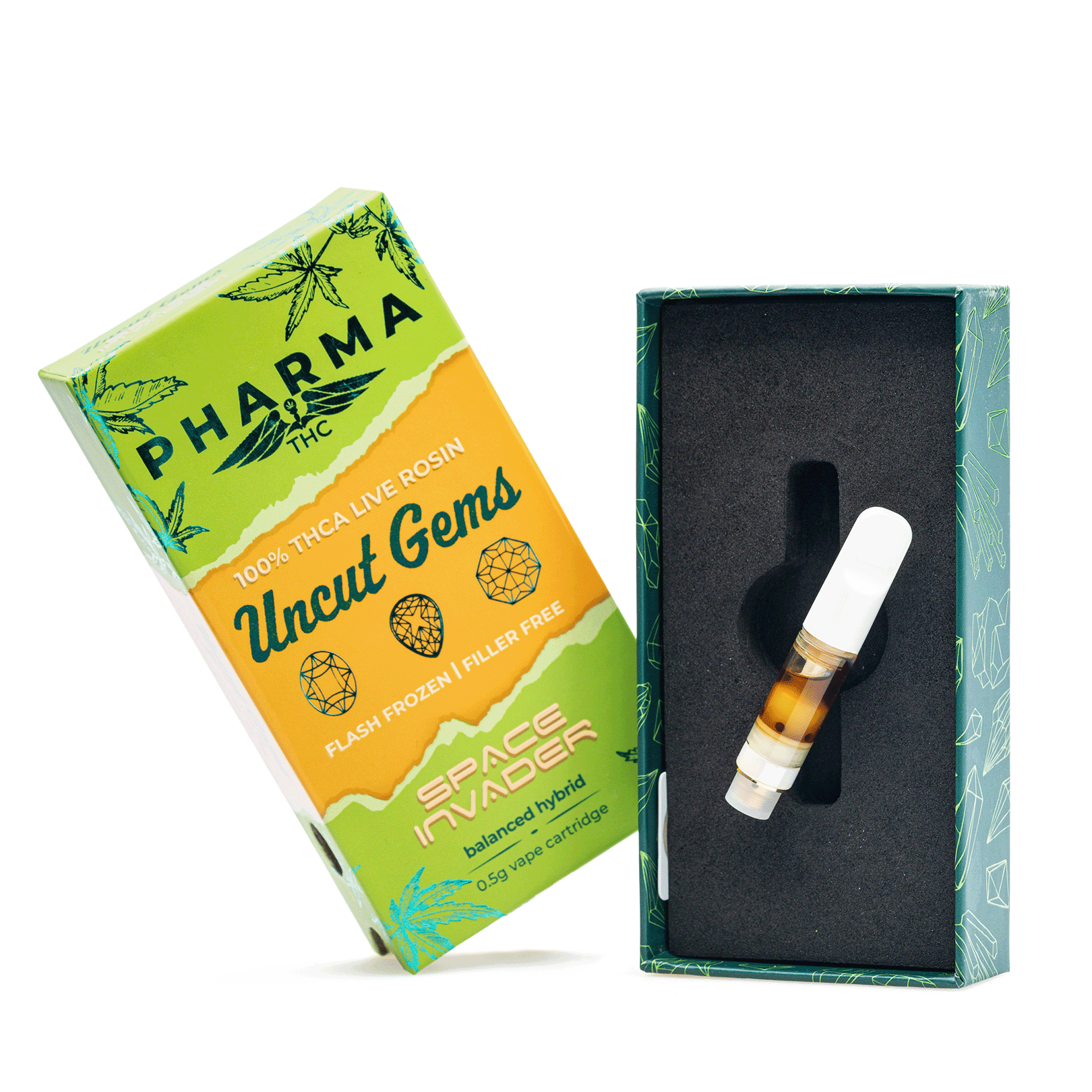 PharmaTHC-Uncut-Gems-THCa-Live-Rosin-Vape-Cartridge-Space-Invader-.5-gram-combo